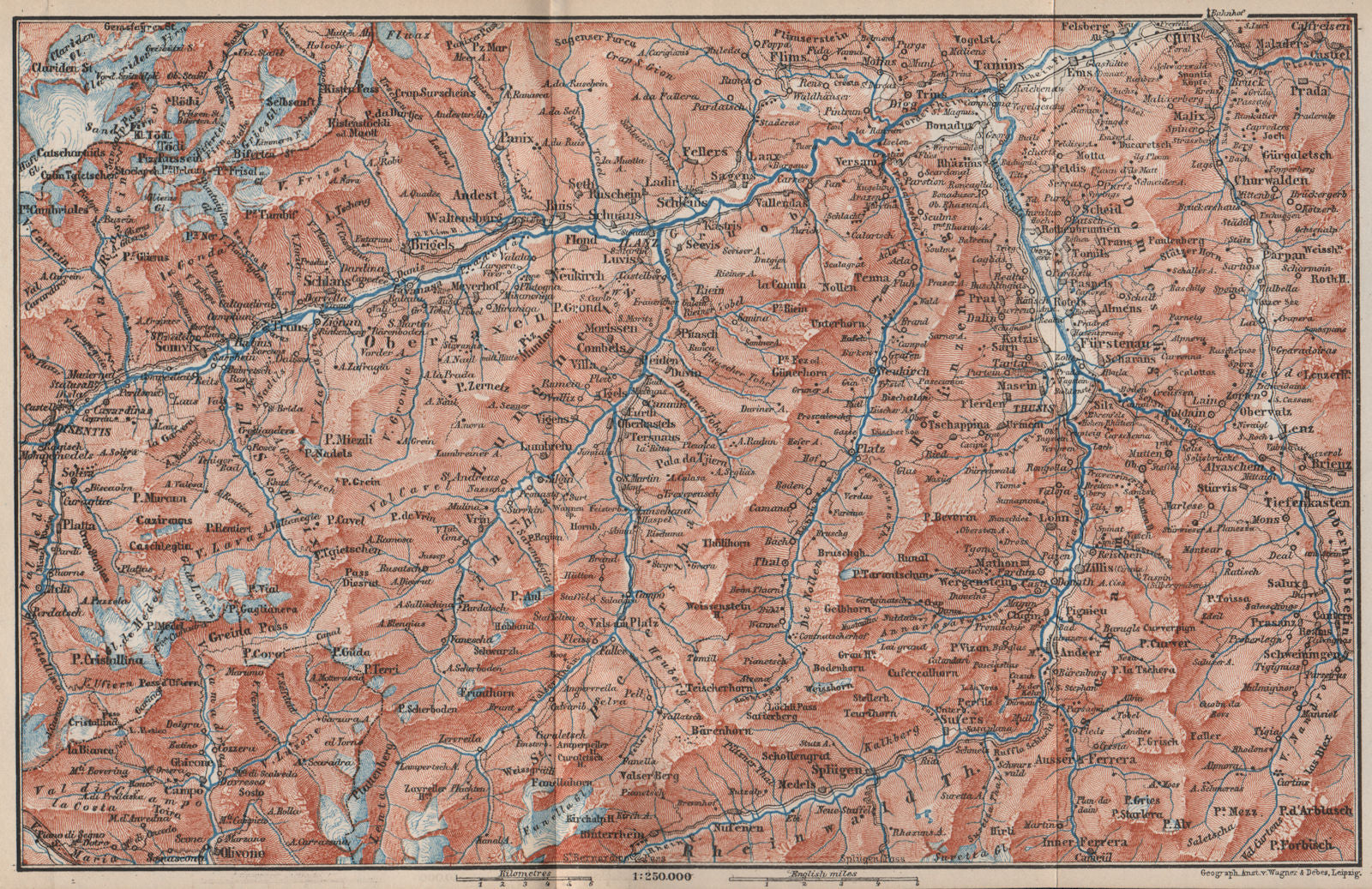 VORDER-RHEINTHAL. Flims Laax Chur Obersaxen Tamins Brigels Thusis 1889 old map